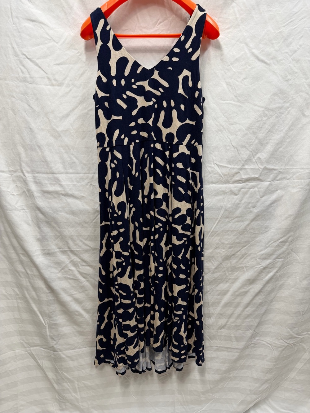 Tribal Leaf Print High-Low Maxi Dress Navy Cream Sleeveless Size M